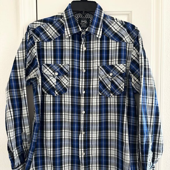 SQ Comfort Wash Men's Pearl Snap Blue Plaid Long Sleeve Shirt, Medium - Picture 1 of 5